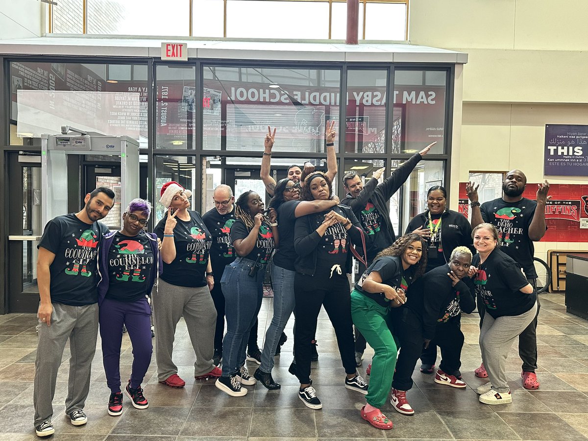 TheGriffins22's tweet photo. The Sam Tasby CILT and Admin team representing in their elf shirts! @NeshaMaston @SBarrios_DISD @RyanZysk @ConradSchools @TeamDallasISD https://t.co/T8JEwtN16x