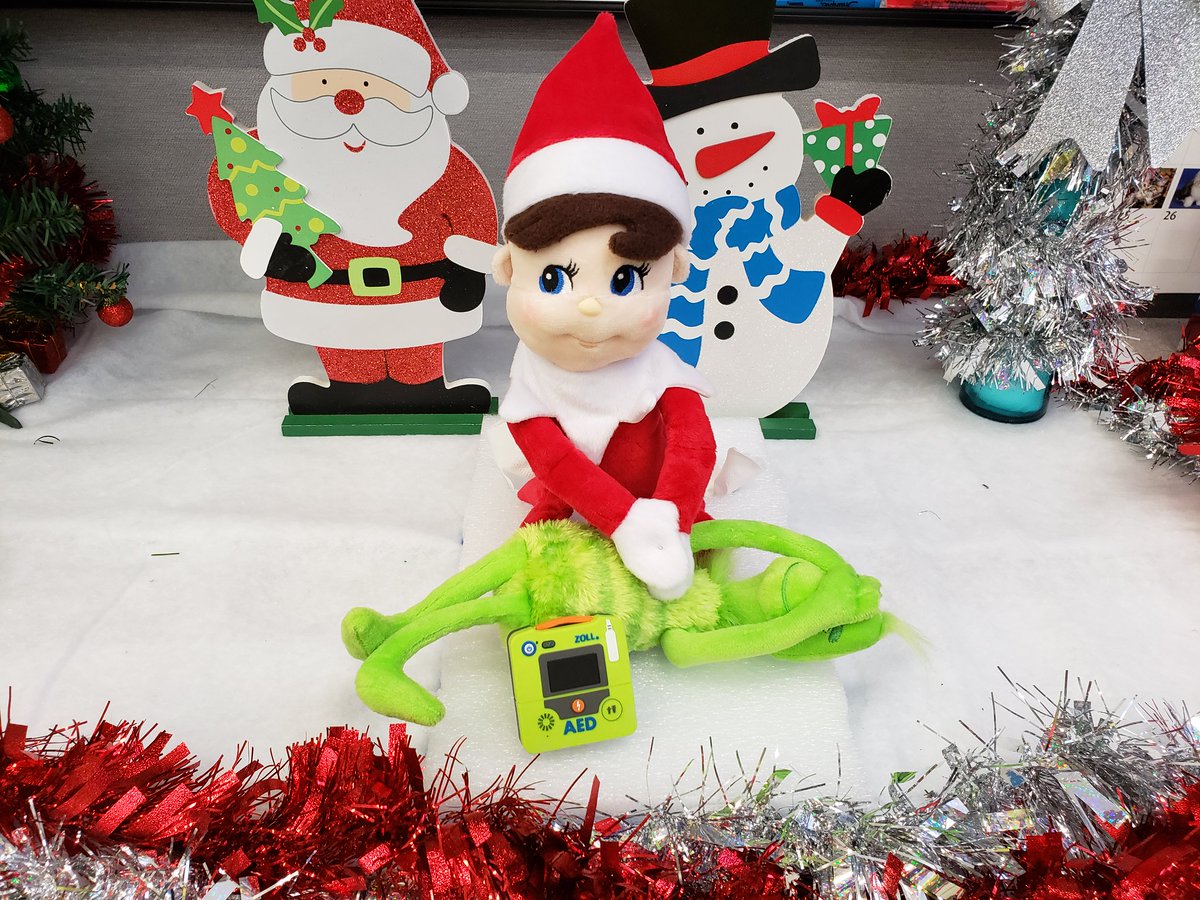 If the grinch is unconscious and not breathing normally, Call 911, Start Compressions #CPR and have someone get an #AED . The grinch's heart was 2 sizes too small on Christmas eve, but the shelf elf saved his life (ROSC) &amp; Grinch's heart was filled with Christmas Cheer.