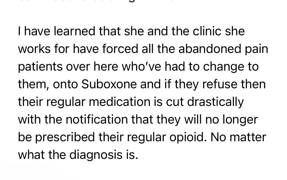 Why do I keep talking  about Suboxone? This is why. Stable CPPs forced off their meds and only allowed Suboxone. Show me evidence that taking a stable LTOT Pt off of full agonist and onto Suboxone benefits the pt. It benefits one person and that’s the dr.
