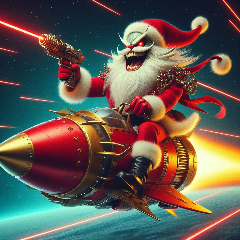 NativeStew's tweet photo. Psycho Santa

(c)A. Derek Catalano - AI Image Generator
#AI #AI_art #art #Christmas #SantaClaus #rocket #space #outer_space #laser #gun #ride #rocket #red #gold https://t.co/ew5ZgV6zdY