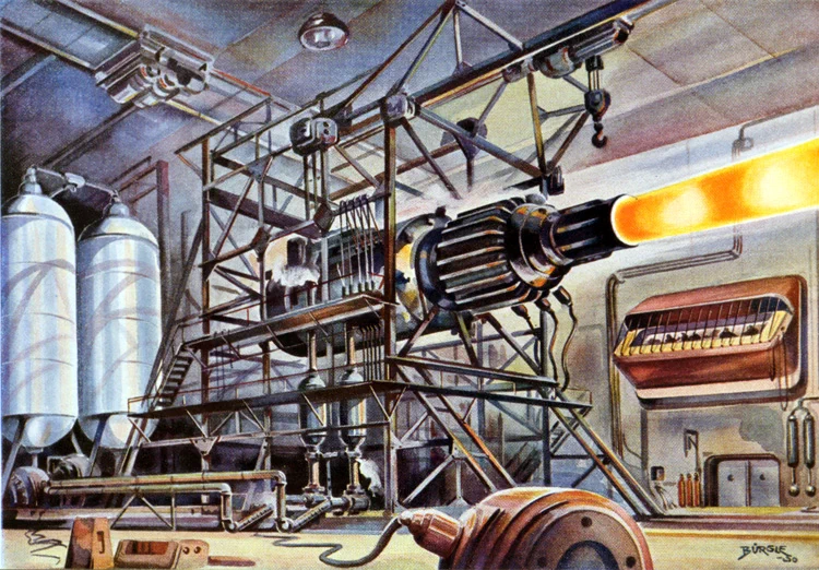 The image depicts an engine being fired in an lab