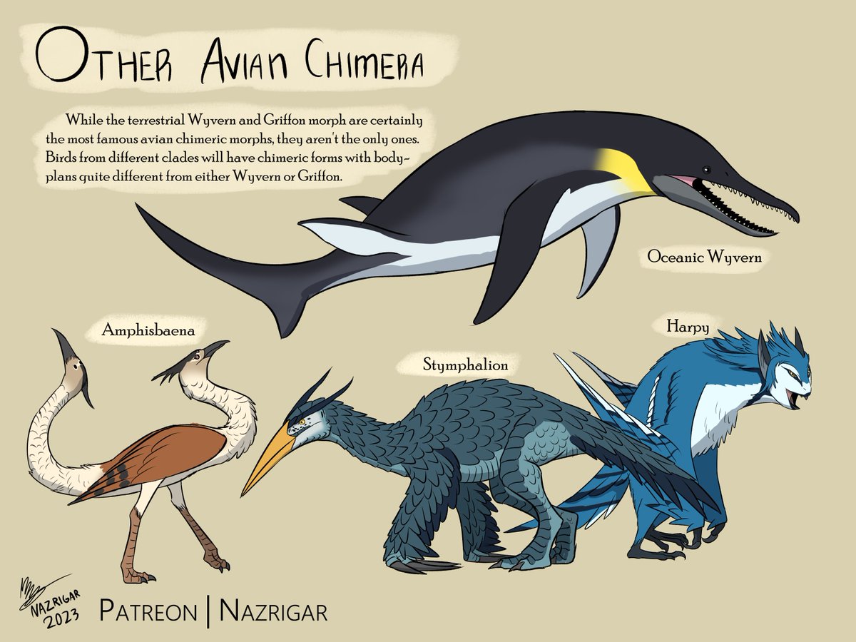 Last panel of batch 1 of Avian Chimera for Beast Fables! Beside Wyverns and Griffons, birds of multiple clades also have their own Chimeric forms, from the Oceanic Wyvern of Penguins to the Harpy most commonly found in corvids #creaturedesign #worldbuilding #fantasyart