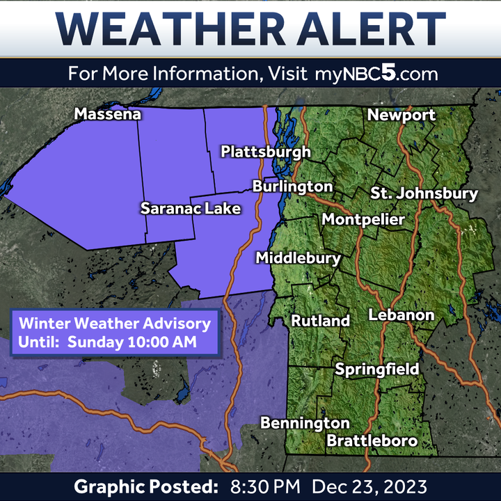 WINTER ALERTS ISSUED – Hazardous winter weather conditions are expected in the highlighted areas. Travel may be difficult in these areas due to snow/ice.

Get more info and monitor the forecast here: myNBC5.com/weather