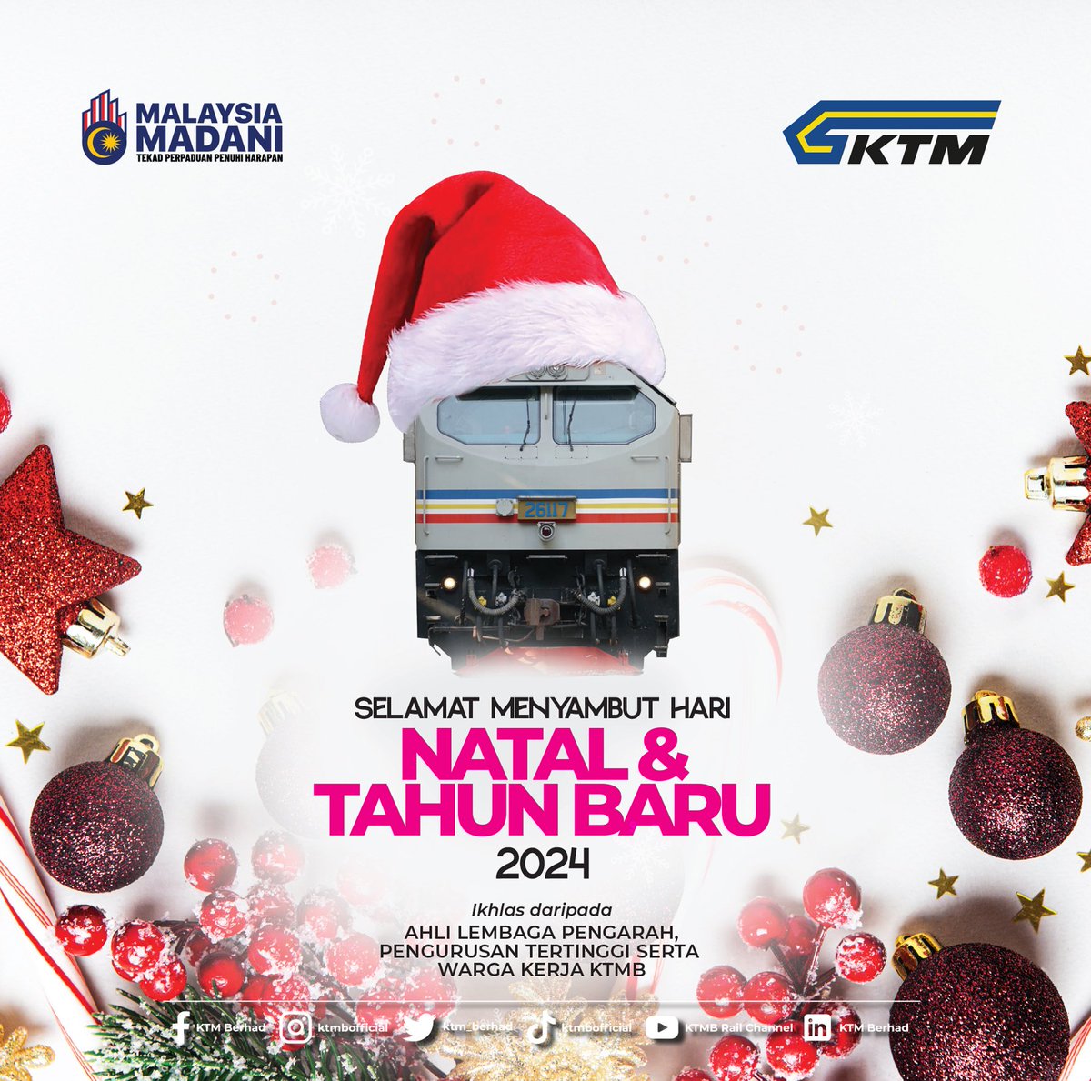 ktm_berhad's tweet photo. Selamat Menyambut Hari Natal kepada semua penganut agama Kristian dan Selamat Tahun Baru 2024.
Ikhlas daripada Ahli Lembaga Pengarah, Pengurusan Tertinggi serta Warga Kerja KTMB
#KTMB #ETS #KTMKomuter #KTMKomuterUtara #KTMIntercity #SkyparkLink #DMU #KTMKargo https://t.co/L0WjrFIc4b