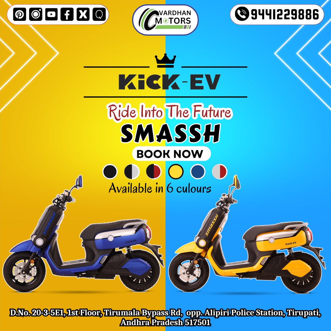The 'KicK-EV Scooty: Ride into the future and available in 6 colors' heralds an era of personalized and sustainable mobility. 
#KicKEVScooty #RideIntoTheFuture #SixColorOptions #EcoFriendlyRides #PersonalizedMobility #SustainableTransport #ElectricScooty #ColorfulCommute