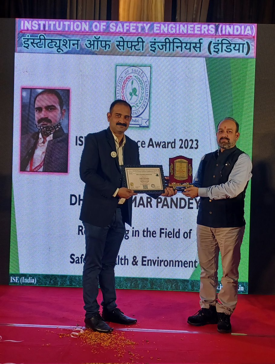 Glad to inform you that I am awarded with ISEI Excellence  Award 2023, C Guest Mr. Purandar Mishra,  M.L.A Raipur,Dr. S K Haldar, Former Dy. Director General DGFASLI, Government Of India, Mumbai. Dr./ Er. Rajju Kumar, Dy. Chief Inspector Of Factories, Chhattisgarh, were present.