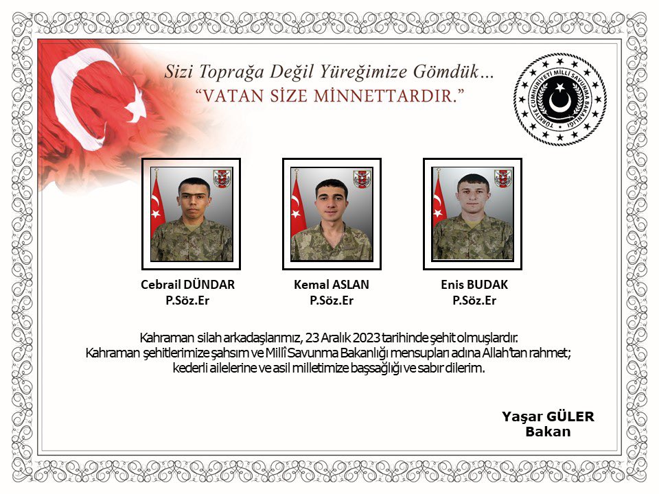 ConflictTR's tweet photo. 🇹🇷 VATAN SİZE MİNNETTARDIR.

🇹🇷P.Söz Er Cebrail Dündar

🇹🇷P.Söz Er Kemal Aslan

🇹🇷P.Söz Er Enis Budak

🇹🇷P.Uzm Çvş Abdülkadir İyem

🇹🇷P.Uzm Çvş Ahmet Arslan

🇹🇷P.Söz Er Semih Yılmaz https://t.co/bvrGxdD6Ck