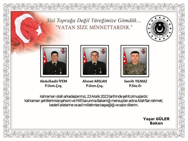 🇹🇷 VATAN SİZE MİNNETTARDIR.

🇹🇷P.Söz Er Cebrail Dündar

🇹🇷P.Söz Er Kemal Aslan

🇹🇷P.Söz Er Enis Budak

🇹🇷P.Uzm Çvş Abdülkadir İyem

🇹🇷P.Uzm Çvş Ahmet Arslan

🇹🇷P.Söz Er Semih Yılmaz