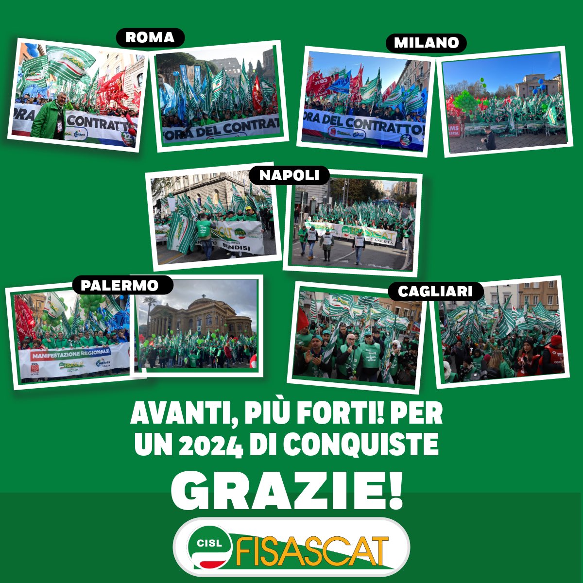🟢 Milano, Roma, Napoli, Cagliari e Palermo, cinque città e più di 20mila lavoratrici e lavoratori in piazza per il rinnovo dei contratti nazionali: uno straordinario momento di democrazia e partecipazione. Avanti, più forti! Per un 2024 pieno di conquiste!
#IlContrattoCiSpetta
