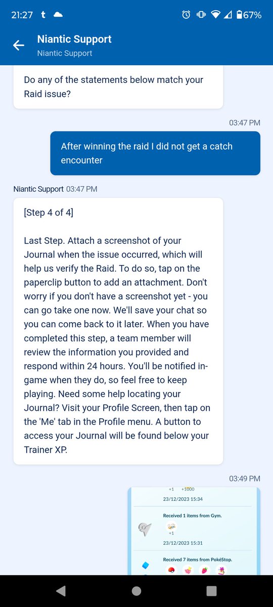 arainbowfantasy's tweet photo. @NianticHelp I think in game support missed the point. I completed the raid but the gym errored out at catch screen and when I clicked raid again, it just kept putting me in the lobby despite the fact the journal clearly shows the raid was complete. How is this not an error? https://t.co/WdiZ0ExdXM
