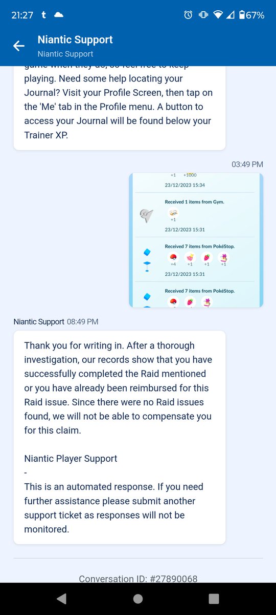 arainbowfantasy's tweet photo. @NianticHelp I think in game support missed the point. I completed the raid but the gym errored out at catch screen and when I clicked raid again, it just kept putting me in the lobby despite the fact the journal clearly shows the raid was complete. How is this not an error? https://t.co/WdiZ0ExdXM