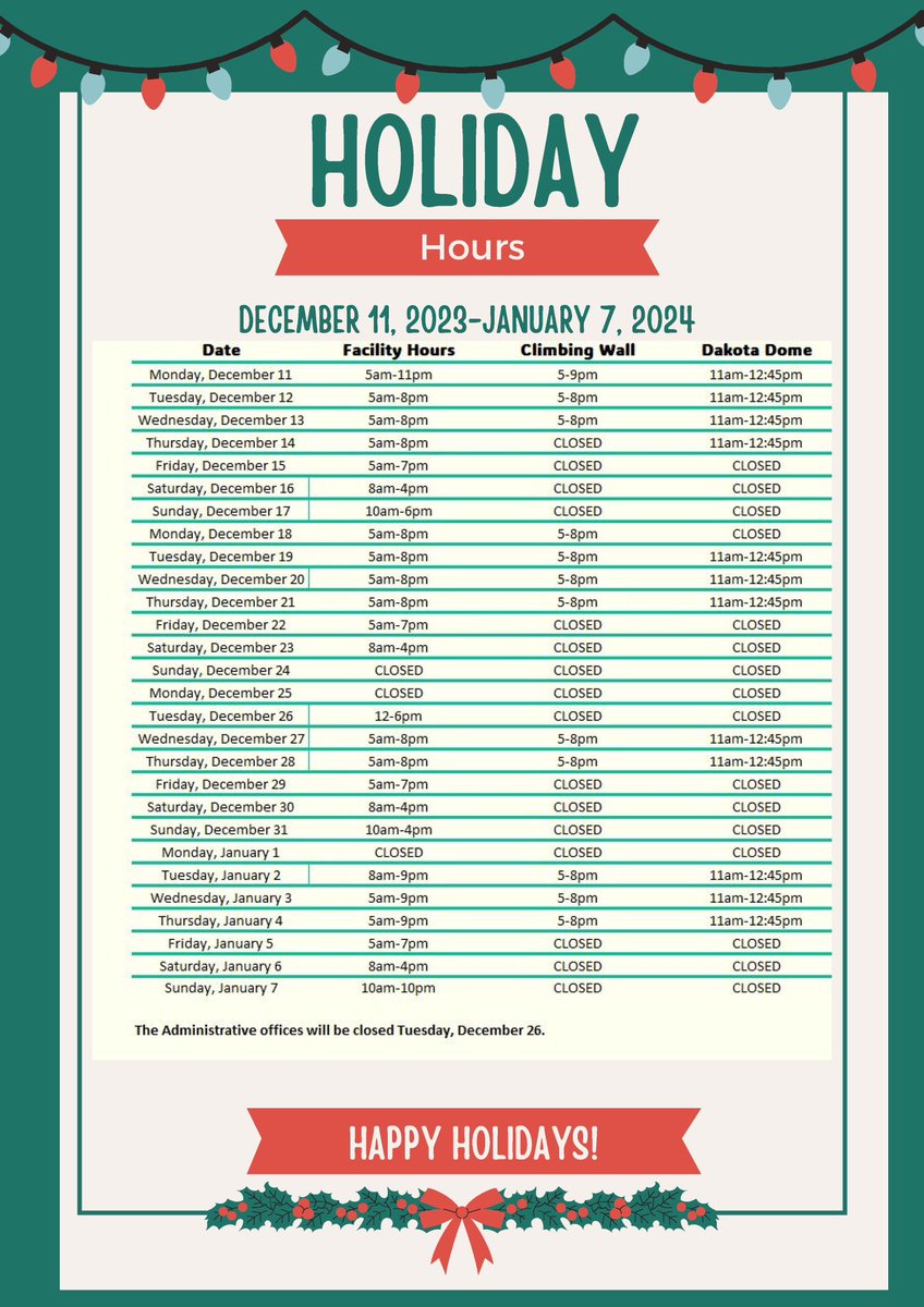 Holiday Hours from the 25th of December to the 7th of January.