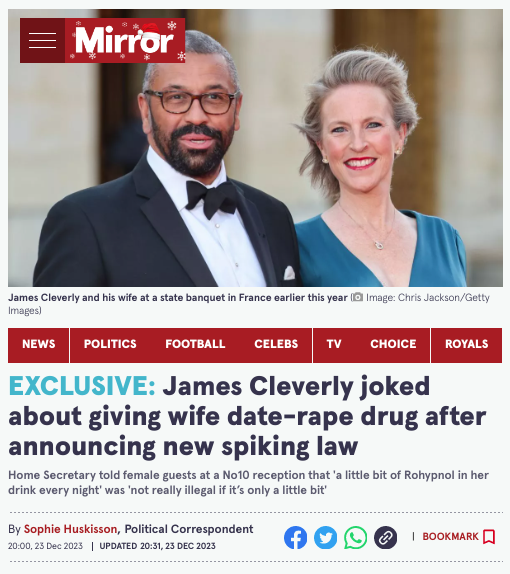 implausibleblog's tweet photo. Home Secretary James Cleverly told female guests at a No 10 reception that

'a little bit of Rohypnol in her drink every night' was 'not really illegal if it’s only a little bit'

It's not just the Rwanda scheme which is batsh*t crazy.

What a disgrace. https://t.co/AguJBBOxKK