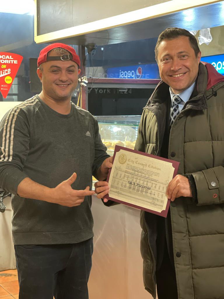 Happy to present @NYCCouncil Citation to S & A Pizzeria (owner - Merouane Temmache) @ Mermaid Avenue. They make very tasty pizza & are always ready to help Coney Island community - supporting important events, delivering pizza to precinct or schools & employing local residents.