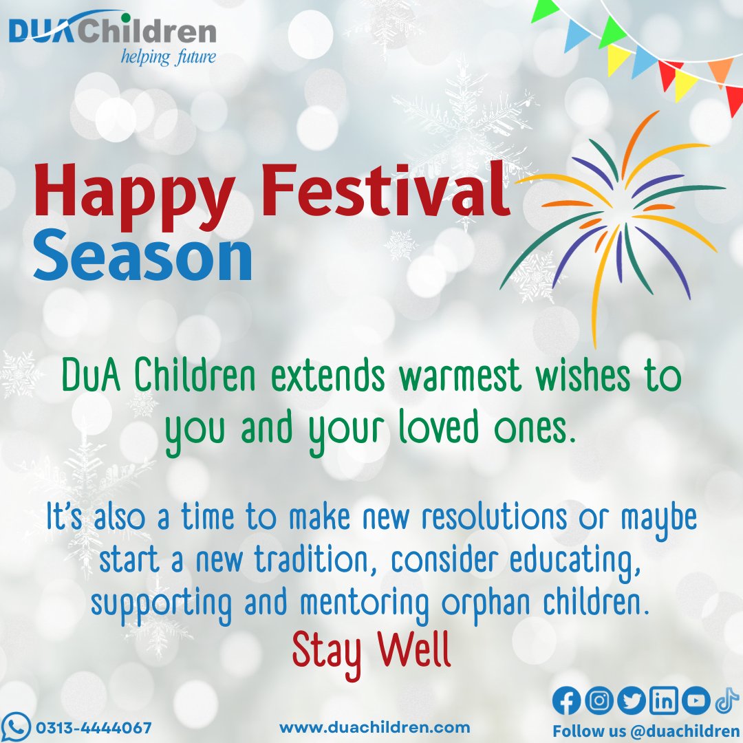 DuaChildren's tweet photo. Happy Festival Season
DuA children extended warmest wishes to you and your loved ones
#duamentor #orphan #duascholarships #duachildren #helpingfuture #orphans #HappyFestival2023 #happyfestivalseason https://t.co/jADSQqxPmQ