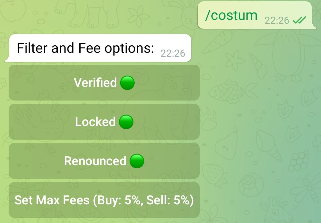 elonboteth's tweet photo. The four new filters to choose from are:
- If token contract is verified, locked &amp; renounced.
- What's the maximum amount of (buy/sell) tax a coin should have.

Start using the bot &amp; add it to your groups: @ElonSimulatorBot https://t.co/iI6XTc0fL4
