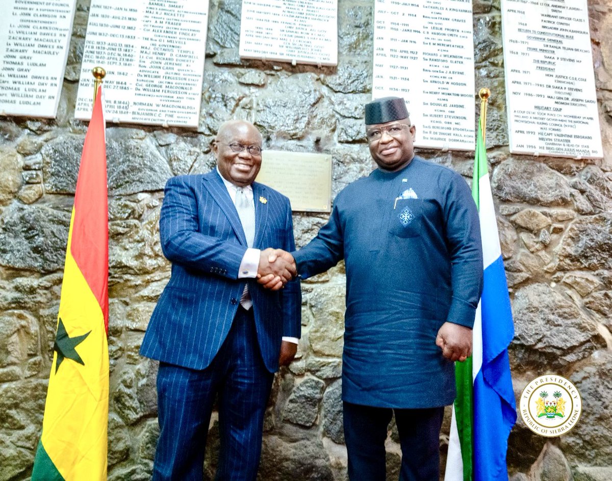 Presidency_SL's tweet photo. As part of efforts to sustain the ECOWAS-led efforts to safeguard and deepen democracy in #SierraLeone, His Excellency @PresidentBio received the Presidents of #Ghana and #Senegal, His Excellencies @NAkufoAddo and @Macky_Sall respectively at the State House in #Freetown. 

Both leaders, alongside the President of the @ecowas_cedeao Commission, Dr Omar Alieu Touray were in Sierra Leone to continue the ongoing conversations on strategies to defend the sub-region against Unconstituitional Changes of Government. 

Key on the agenda were discussions of the November 26th failed coup attempt and the ongoing investigations. 

Also, the Heads of State advanced discussion on the #ECOWAS Security Mission to Sierra Leone and the role of President Bio as ECOWAS Envoy on the political situation in #Niger. 

#PresidencySL🇸🇱