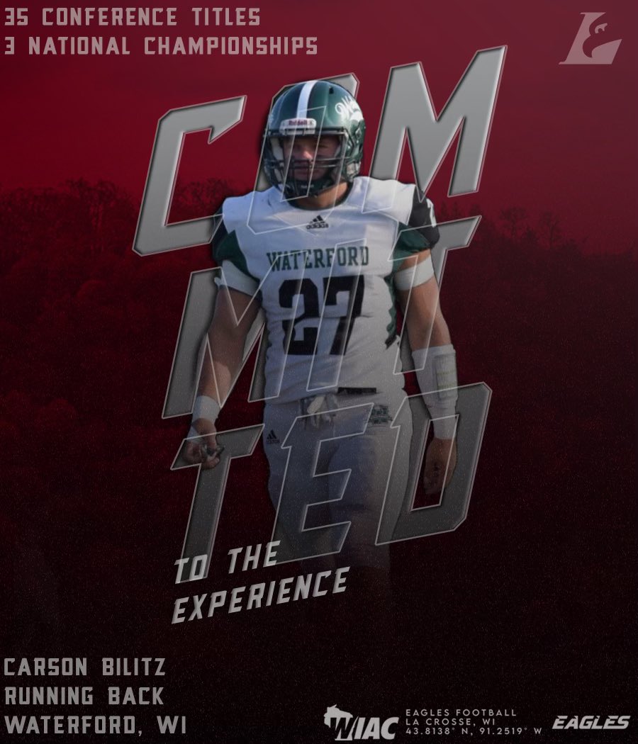 Carson Bilitz (@cbilitz) on Twitter photo Excited to announce that I have committed to UW-La Crosse! Thank you to my family, friends, and coaches for supporting me through this journey!
<a href="/CoachShiffman/">Tony Shiffman</a> @WWolverineFB <a href="/MJ_NFLDraft/">Mark Johnson</a> <a href="/GunnarBagstad/">Gunnar Bagstad</a> @CoachMacUWL <a href="/UWLCoachJanus/">Matt Janus</a> <a href="/PrepRedzoneWI/">Prep Redzone Wisconsin</a> <a href="/UWLEagleFB/">UW-La Crosse Football</a> Excited to announce that I have committed to UW-La Crosse! Thank you to my family, friends, and coaches for supporting me through this journey!
<a href="/CoachShiffman/">Tony Shiffman</a> @WWolverineFB <a href="/MJ_NFLDraft/">Mark Johnson</a> <a href="/GunnarBagstad/">Gunnar Bagstad</a> @CoachMacUWL <a href="/UWLCoachJanus/">Matt Janus</a> <a href="/PrepRedzoneWI/">Prep Redzone Wisconsin</a> <a href="/UWLEagleFB/">UW-La Crosse Football</a>