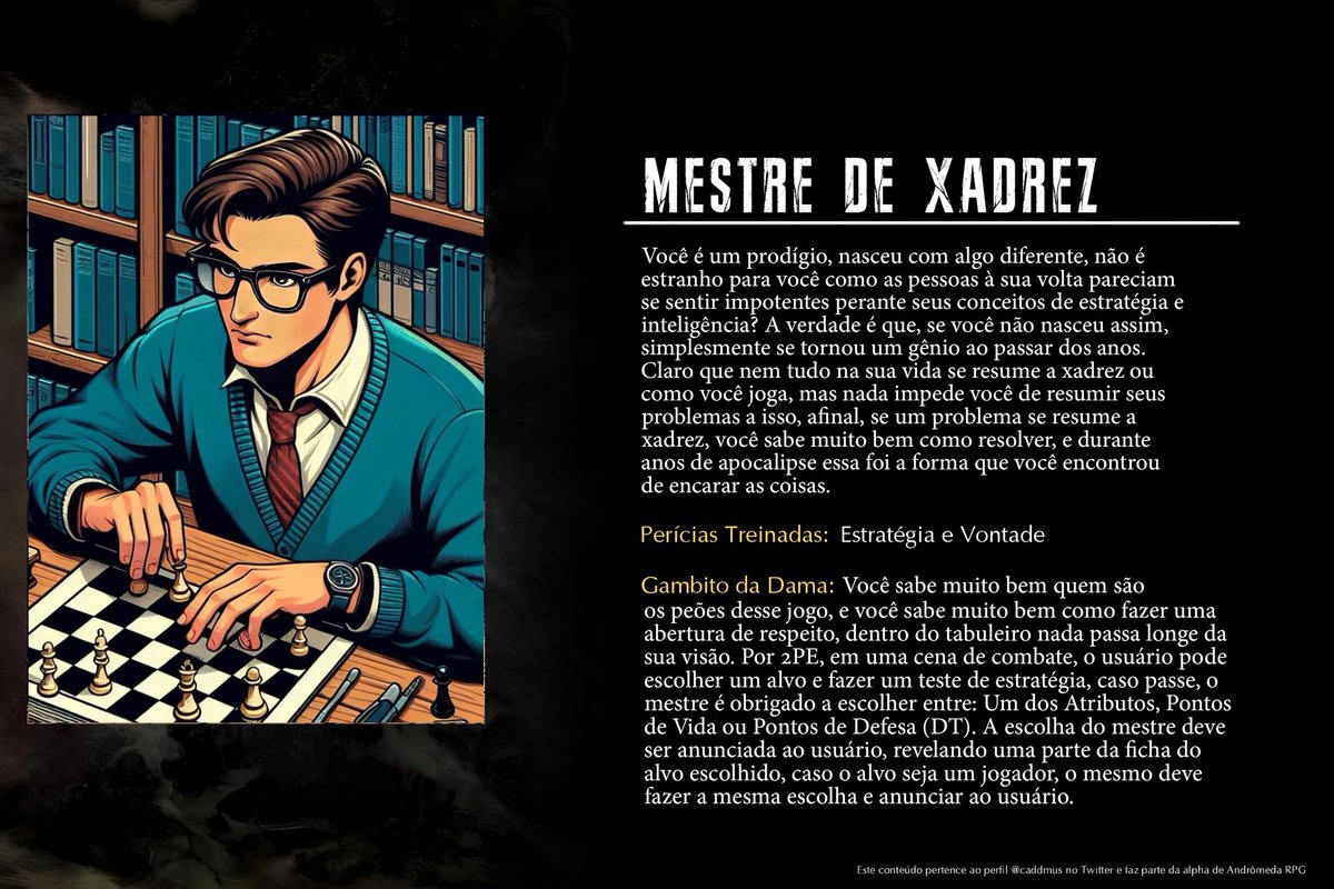 codeartt_'s tweet image. Todo dia uma origem de Andrômeda RPG.
Dia 3 - Mestre de Xadrez
(Imagem gerada por IA)
#RPG #RPGGroup #homebrew