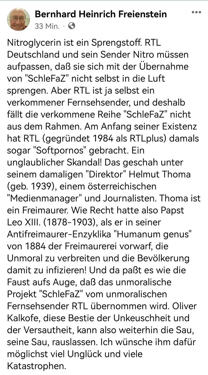 twitkalk's tweet photo. Wie schön, dass wir auch unseren größten Fan Bernie  Freestone mit unserem #SchleFaZ Wechsel @NITRO @RTLplus glücklich gemacht haben. 
#SchleFaZbeiNitro
Wie traurig, wenn er als guter KatholenChrist nichts mehr zu hassen und verdammen hätte!
#BestieDerUnkeuschheitUndVersautheit https://t.co/Zxv6XzK0i3