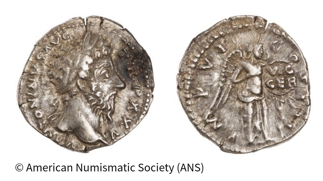 So, a New Year's give-away! 
A silver denarius from the rule of Marcus Aurelius. Minted in AD 171, it must have passed through all manner of hands... (2 images of the coin are followed by what a better example looks like.)
To enter, just RT this message and be sure to follow us!