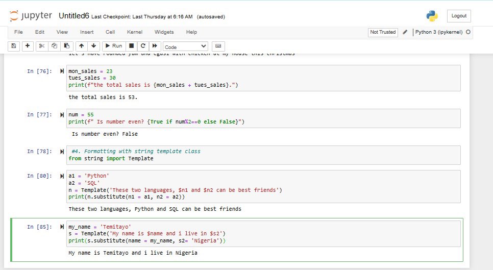 cheftee_lead's tweet image. Day 23.
Learned about Methods and dived as the string formatting also known as string interpolation.
#PythonDecember