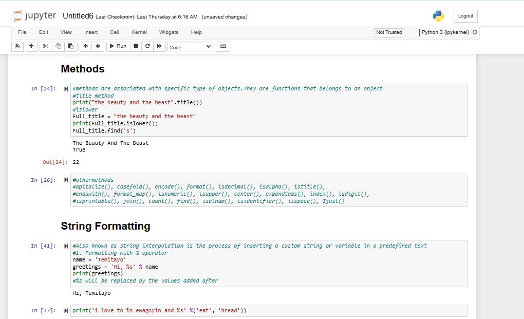 cheftee_lead's tweet image. Day 23.
Learned about Methods and dived as the string formatting also known as string interpolation.
#PythonDecember