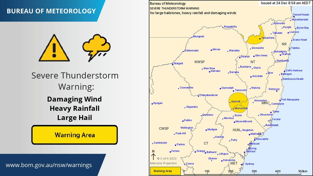 ⚠️⚡ Severe Thunderstorm Warning: large hail, heavy rainfall and damaging winds all possible for potential severe storms near Murrurundi and Tenterfield. Likely storm outbreak across NSW today, especially over northern parts. Further details and updates: bom.gov.au/nsw/warnings/