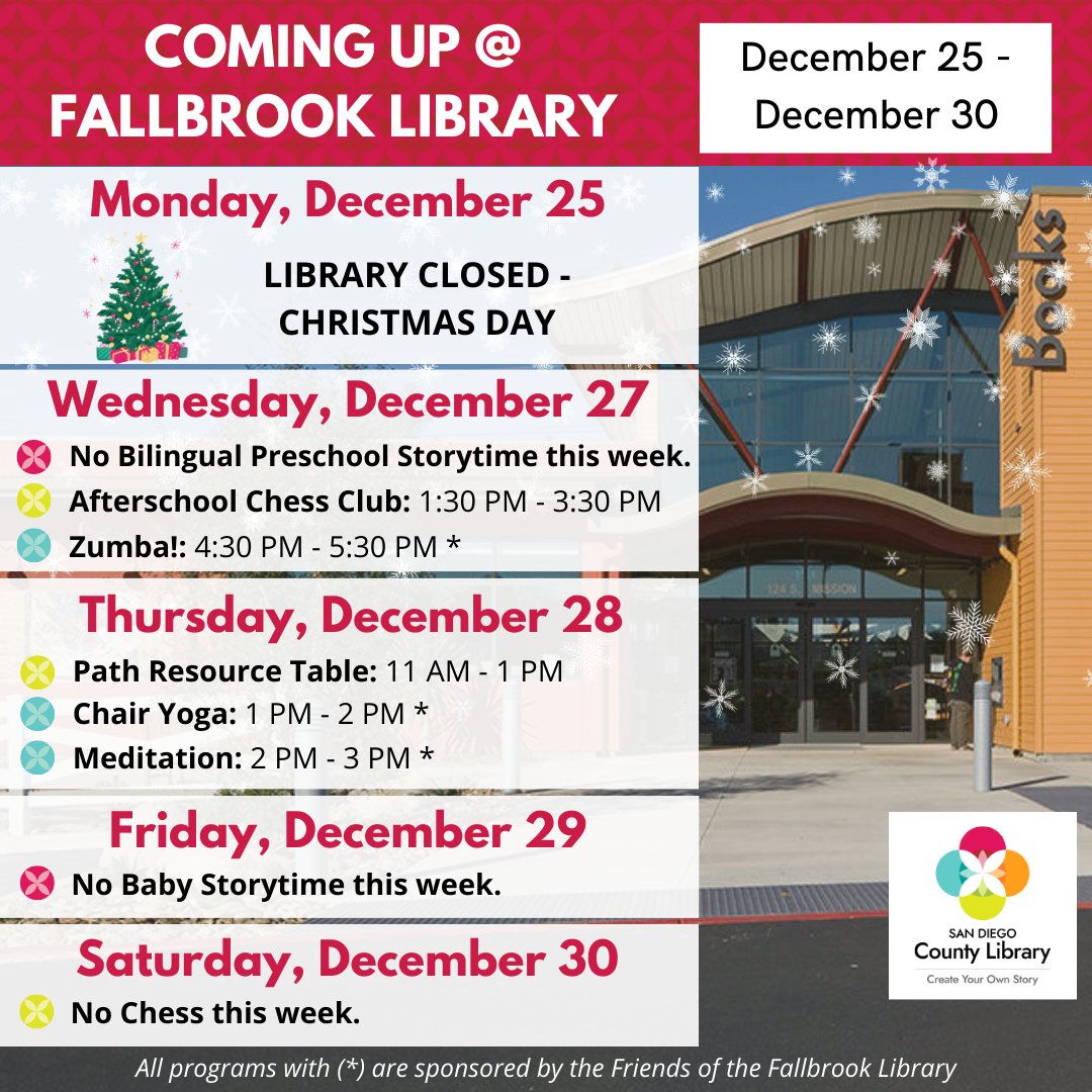FallbrookSDCL's tweet image. Check out this week’s events at the library!
#fallbrooklibrary #fallbrook #fallbrookca #sdcl