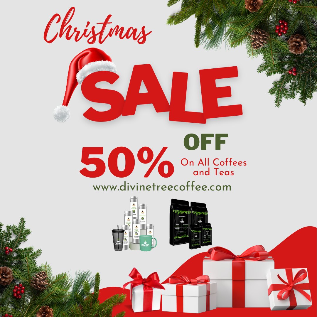 Divinetreecoffe's tweet photo. Unwrap the joy of the season with our Christmas Sale! 🎁 Enjoy a festive 50% off on all Coffees and Teas. Sip, savor, and make your holidays brew-tiful!

Visit Our Website
https://t.co/3brfI3hnrd

#divinetreecoffee #Christmas #coffee #tea #coffeelovers #greentea #minttea https://t.co/ZvO8Mb8Yos