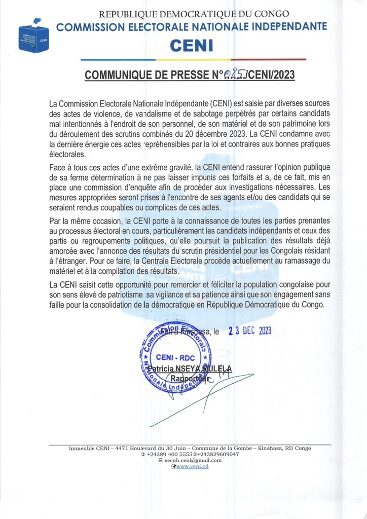 Communiqué de la CENI sur l'élection présidentielle