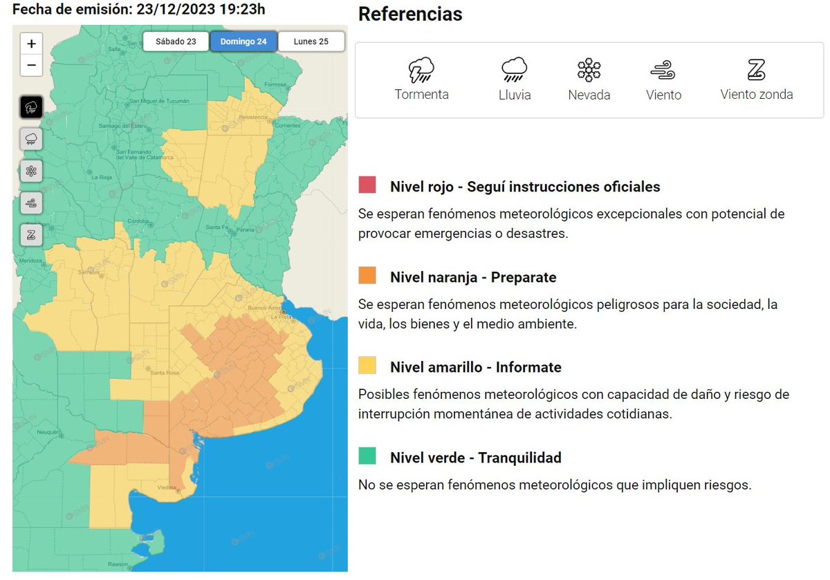 Cori_MetRA's tweet photo. SAT⚠️| ALERTA POR TORMENTA⛈️ @SMN_Argentina - domingo 24/12/2023

Entre la tarde y la noche del día 24 se pueden desarrollar tormentas fuertes con ráfagas intensas y #granizo en las zonas bajo alerta de nivel AMARILLO🟨 y NARANJA🟧(incluye a Bs As y sectores de otras provincias de la franja centro/norte del país).

⚠️En particular, en el área bajo nivel NARANJA las #tormentas pueden ser localmente severas con ráfagas entre 70 y 90 km/h. 
+INFO en https://t.co/v1llXMBQw4