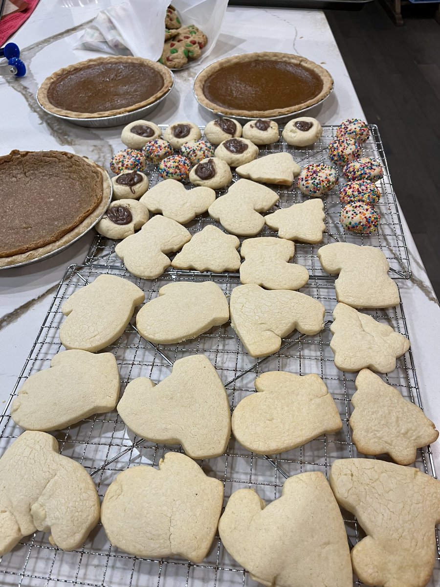 Just a little Christmas baking (pumpkin pie, brown sugar pie, monster Christmas cookies, short bread cookies, birthday cake cookies, and thumb print cookies).
