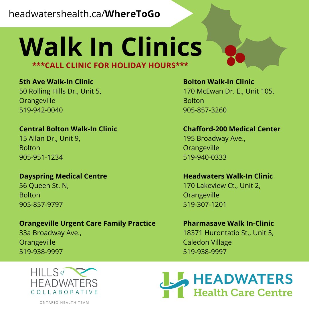If you need care this holiday season, visit one of the local #WalkInClinics in Dufferin/Caledon. ***Call the clinic before you go to check their holiday hours. 🎄🩺

For more information on #WhereToGo for your health care needs, visit headwatershealth.ca/WhereToGo

#OntarioHealthTeam