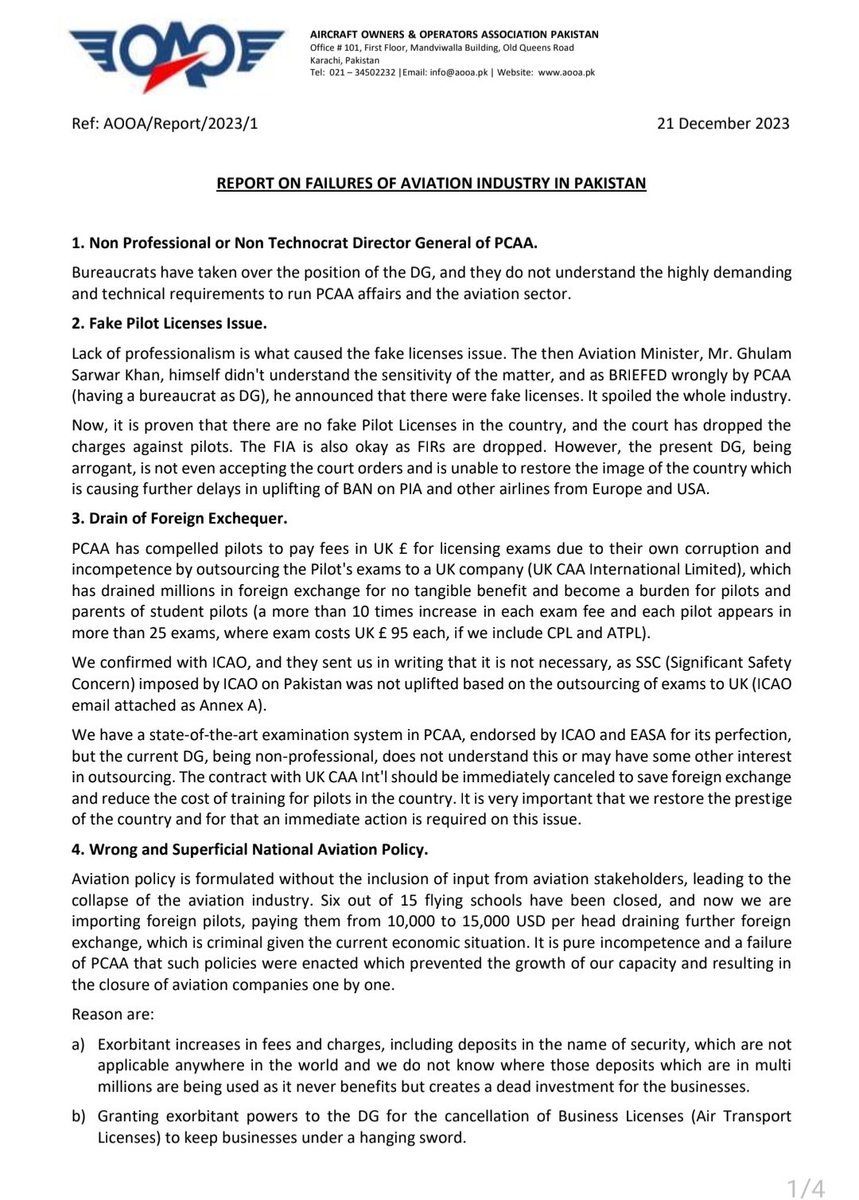 AOOA_Pakistan's tweet image. Report on Failure of #aviation Industry in #Pakistan dated 22 Dec 2023.
#PCAA
#JIAP #Pkaviation #aooa
@PKAviationUrdu @PKAviation @AviMinistryPK @official_pcaa @PakPMO @OfficeSenate @SenatePakistan @SenatePress