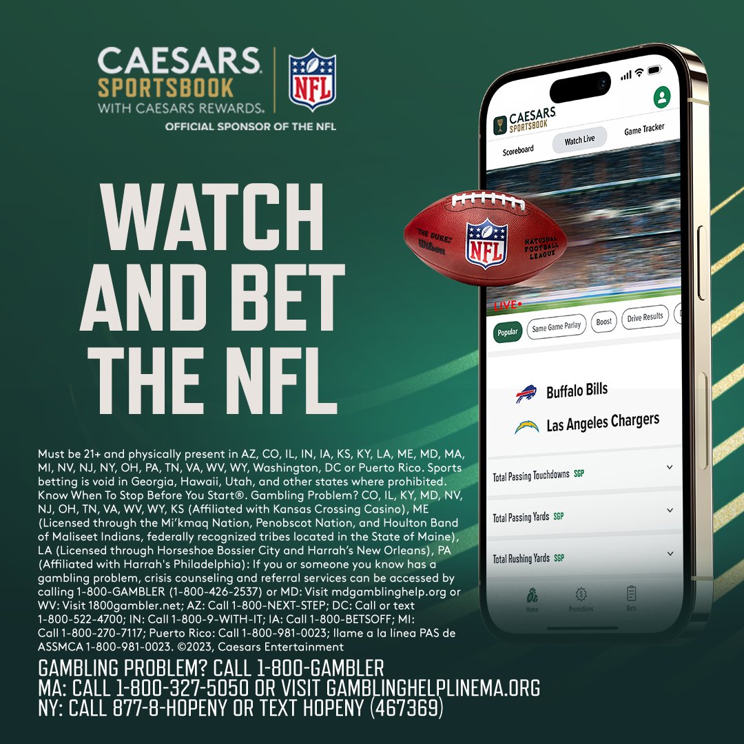 Did you know that you can watch and bet on the Bills vs. Chargers game right inside the Caesars Sportsbook app? 📲