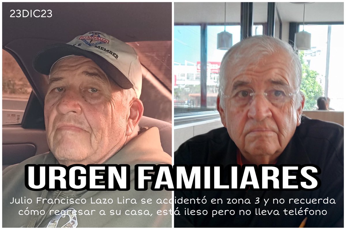 ALERTA VIAL

⚠️ El señor Julio Francisco Lazo Lira (según DPI), de 74 años de edad, se accidentó en zona 3

No recuerda cómo se llama, no sabe dónde vive, ni por qué estaba conduciendo y no lleva ningún teléfono 

(Ver anexo de esta publicación)