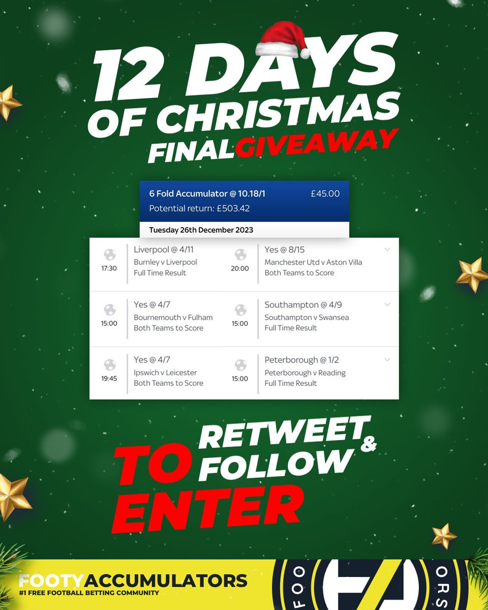 OUR FINAL GIVEAWAY IS HERE! 🚨🚨🚨 We will give the FULL £503 returns of our Boxing Day acca away to one winner OR £50 cash if it doesn't land! 💰 RT & FOLLOW US TO ENTER! ✅ Winner picked on the 27th - Good luck! 🙏