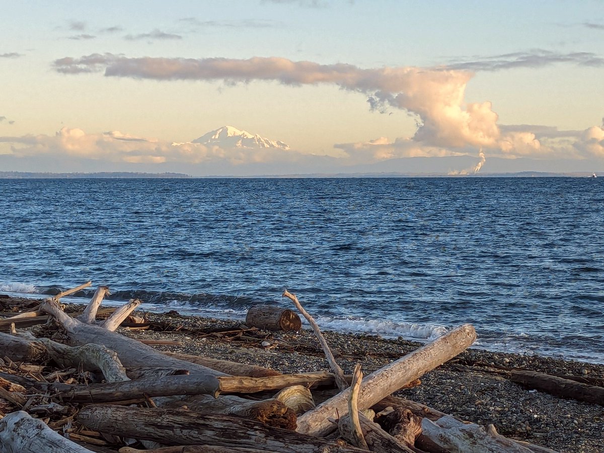 MuketyMuk's tweet image. Cherry Point refinery  and Mount Baker on a crisp winter day wind southeast ~15 km/h. View from Point Roberts Lighthouse Park. Lily pt to the east. Very chilly despite the sun.  Cirrus Wave cloud stripes to the northeast. #WXWA #BCStorm