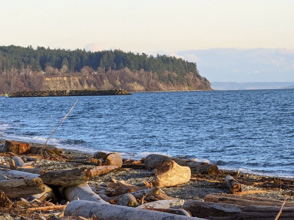 MuketyMuk's tweet image. Cherry Point refinery  and Mount Baker on a crisp winter day wind southeast ~15 km/h. View from Point Roberts Lighthouse Park. Lily pt to the east. Very chilly despite the sun.  Cirrus Wave cloud stripes to the northeast. #WXWA #BCStorm