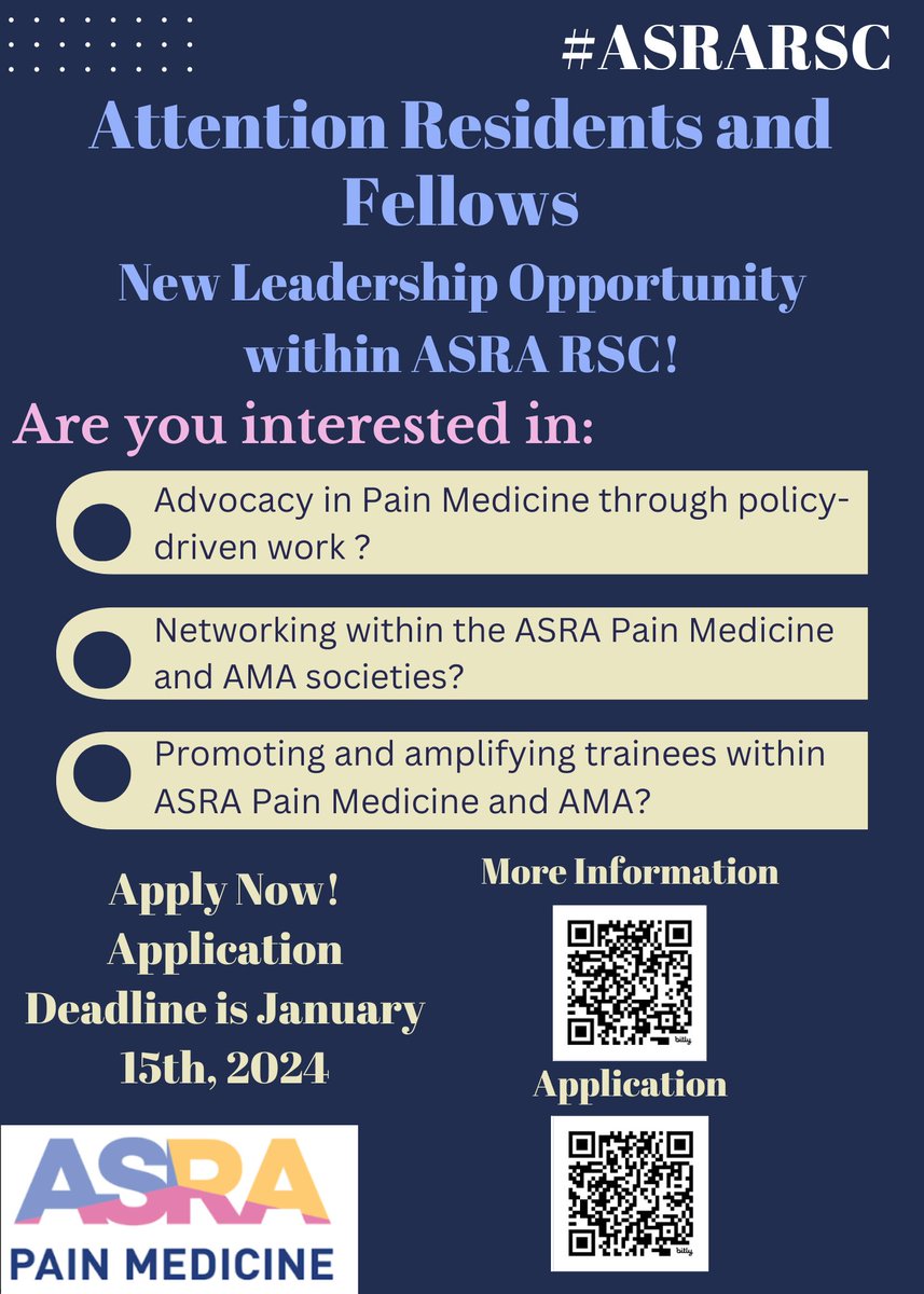 Are you a trainee who is passionate about advocacy in #painmedicine? Apply to be the @ASRA_Society Resident Fellow Section Representative to the @AmerMedicalAssn! Deadline to apply is Jan 15. #ASRARSC More info ➡ bit.ly/41iWR2L Apply now ➡ bit.ly/41fiXTu