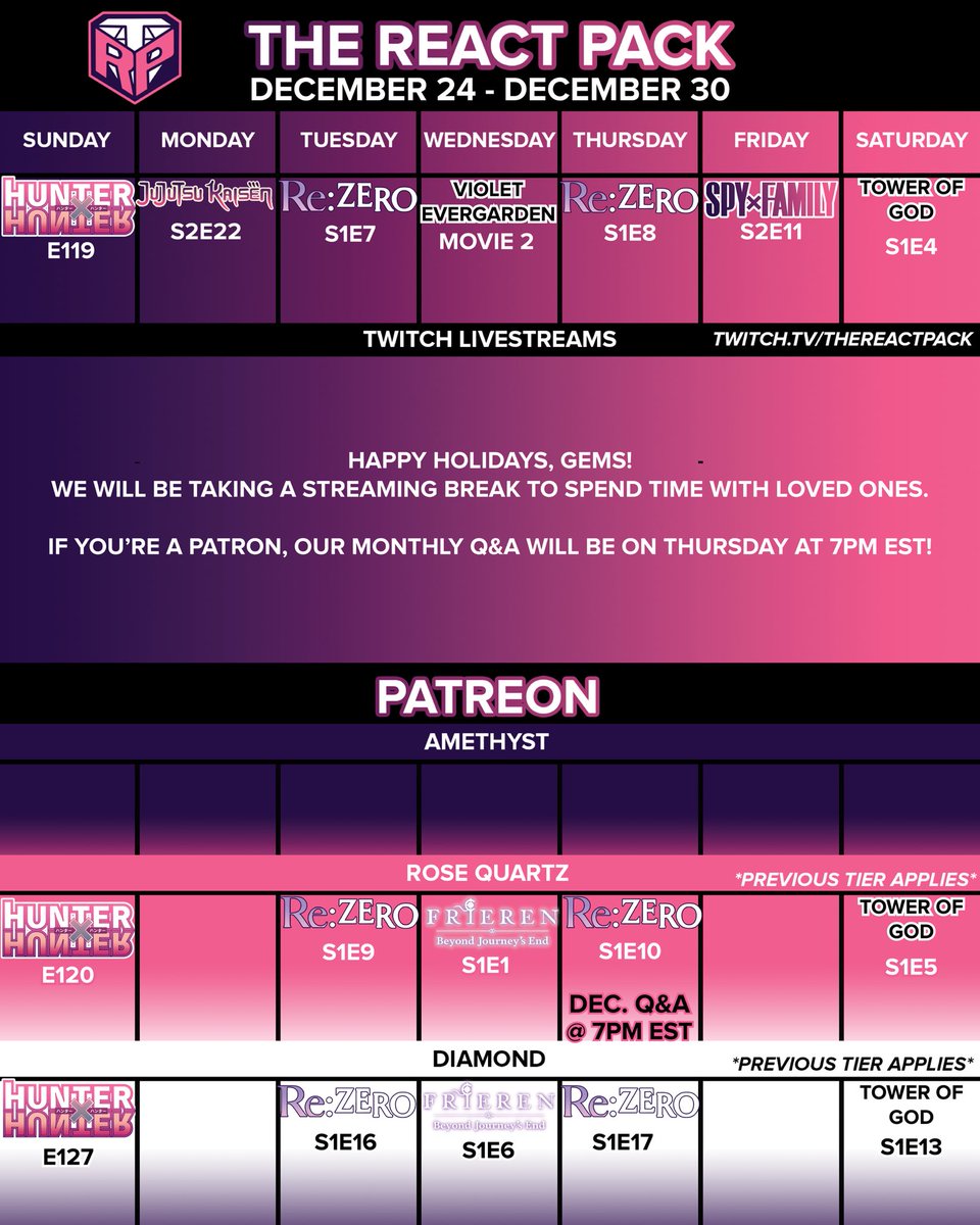 thereactpack's tweet photo. Happy Holidays, gems! 🎄We will be having our monthly Patreon Q&amp;A on Thursday at 7pm! Have a great week. <3 https://t.co/kHkj5cYfYZ