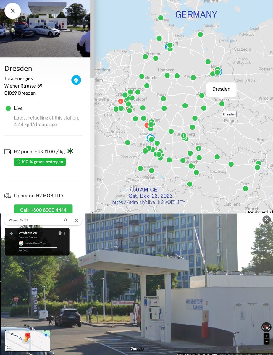 TotalEnergies, Wiener Strasse 39, Dresden, Germany. Green Hydrogen at EUR 11.00 / kg ($12.13 USD /kg) - H2Mobility. #Germany #climate #cars #fuel #Mirai #Dresden
Here's a live map with stations and prices in Germany
h2-mobility.de/en/our-h2-stat…
i.imgur.com/R4856lq.jpg