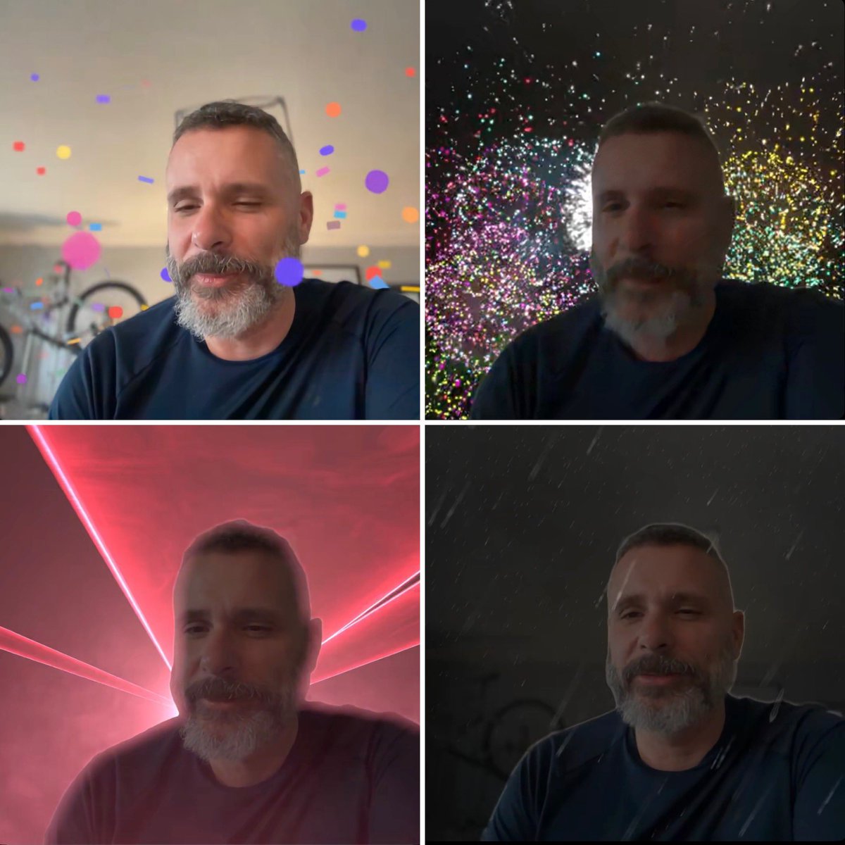 mishy840's tweet photo. Gord figured out some FaceTime effects. It appears to be raining in Hamilton. There is also confetti, lasers and fireworks. #facetimeneedsbetterbackgrounds https://t.co/DXFl4ItDuL