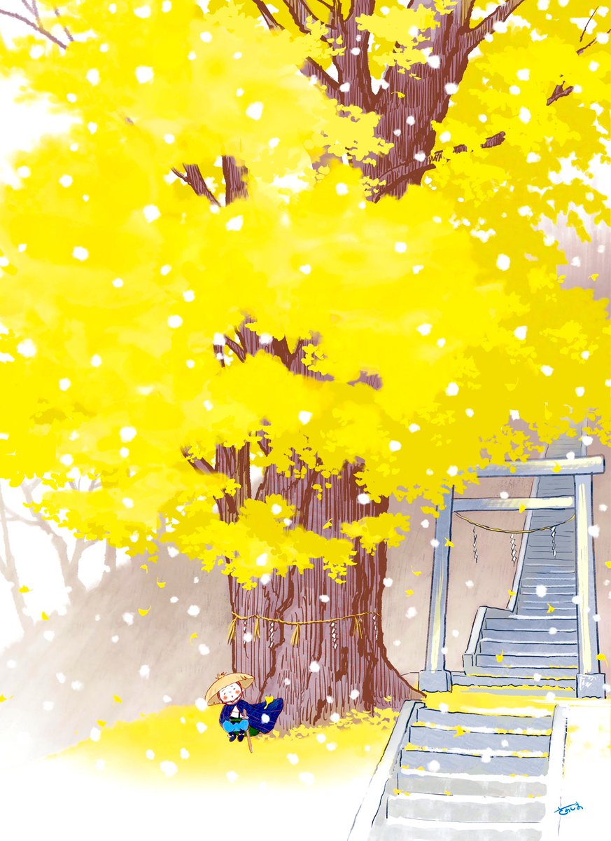 tree stairs solo torii snow outdoors 1boy  illustration images