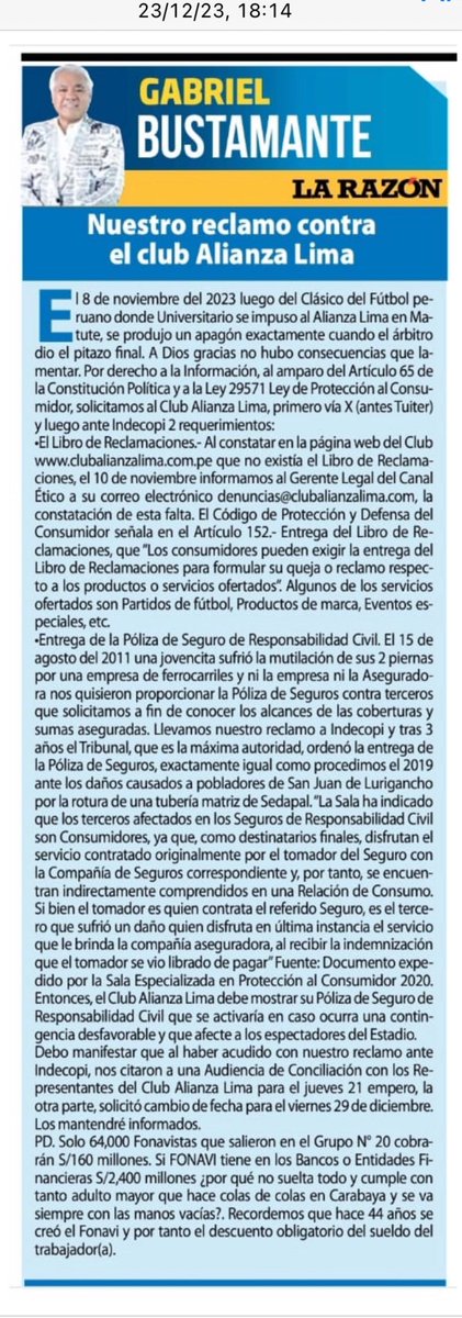 Acuseperu's tweet photo. Nuestro reclamo contra el Club Alianza Lima desde ⁦@larazon_pe⁩ https://t.co/iuz8pmG7Lu