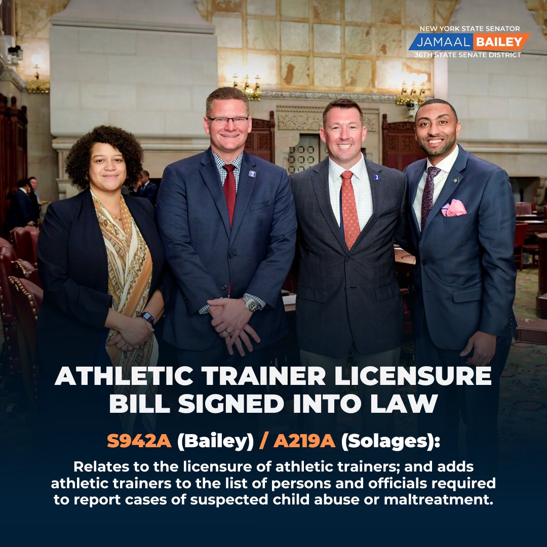 jamaaltbailey's tweet photo. Our athletic trainer licensure bill with @SolagesNY has been signed into law by @GovKathyHochul! As a sports fan, I am grateful athletic training will finally be a licensed profession–helping ensure the highest quality of care for athletes. Thank you @GO_NYSATA for your advocacy! https://t.co/16ZGxpLace