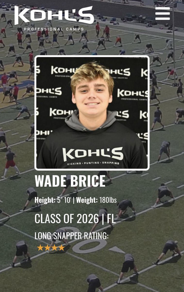 Wade Brice (@wadeb1545) on Twitter photo After a great Kohl’s camp I am officially a 4 star and the #1 in FL for co 2026!! <a href="/KohlsSnapping/">Kohl's Snapping Camps</a> <a href="/john_sprad/">Rocket To The Top Kicking Academy</a> <a href="/tpcoach50/">Trey Pettis</a> <a href="/Bill31529/">Bill Ragans</a> <a href="/ChilesTDC/">Lawton Chiles High School Football</a> After a great Kohl’s camp I am officially a 4 star and the #1 in FL for co 2026!! <a href="/KohlsSnapping/">Kohl's Snapping Camps</a> <a href="/john_sprad/">Rocket To The Top Kicking Academy</a> <a href="/tpcoach50/">Trey Pettis</a> <a href="/Bill31529/">Bill Ragans</a> <a href="/ChilesTDC/">Lawton Chiles High School Football</a>