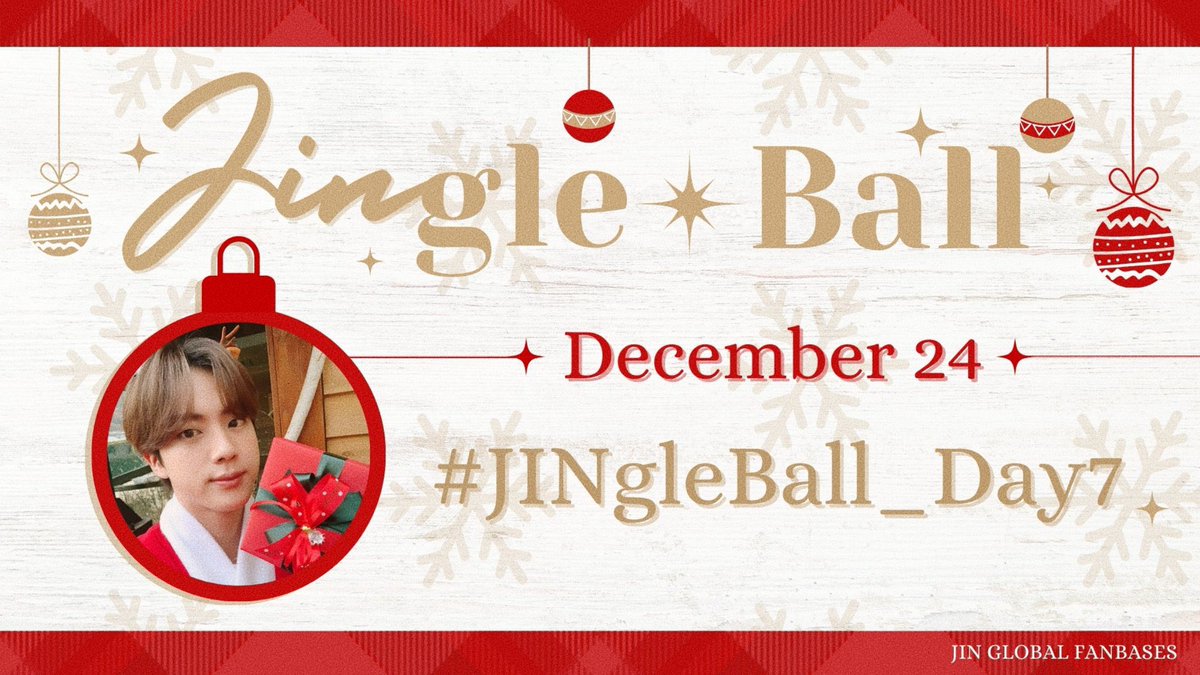 Join the #JINgleBall_Day7 challenge with Jin Discography 💽 🎯 End-year goal 🔒 Special: tinyurl.com/JINgleBallD7 🔈 Normal: bit.ly/41A7mi2 🎯 12,040 Youtube playlist views 🎅🏻bit.ly/LastChristmasD2 🎄bit.ly/FelizNavidadD2 🍎 Apple Music: bit.ly/47e2X5N