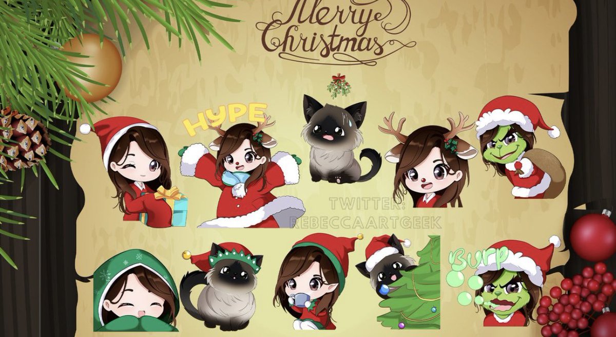 Thank you @RebeccaArtGeek for the most adorable Christmas emotes!💕 I was last minute with requesting emotes and she was able to finish them super quick just in time for Christmas! - Top tier communication💕